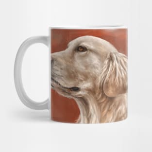 Painting of a Gorgeous Golden Retriever Looking Up on Orange Background Mug